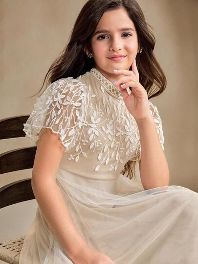 SHEIN Tween Girls' Elegant Floral Print Collared Short Sleeve Dress