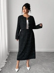 Elenzga Plus Size 2 Pieces Set: Elegant Long Sleeve Jacket And Slit Skirt Fall Cloth For Women Fall Winter - Black - View 4