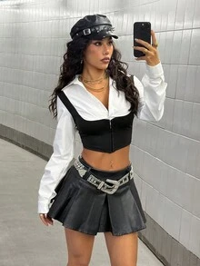 StreetHx Women's Contrast Color Cropped 2 In 1 Long Sleeve Shirt Fall Cloth For Women