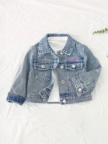 SHEIN Playful Pals 年轻女孩休闲宽松牛仔夹克，甜美英式刺绣和可爱兔耳印花，百搭时尚，适合日常穿着