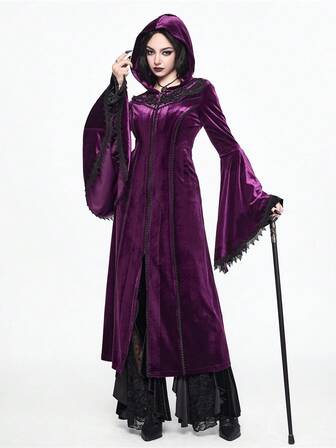 Goth Gothic Palace Style Halloween, Flared Sleeve Velvet Hooded Coat, Long Length