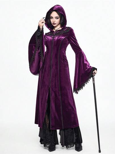 EDITION Gothic Palace Style Halloween, Flared Sleeve Velvet Hooded Coat, Long Length