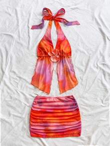 SHEIN x Eduarda Gutierrez Soleia 2件套女士扎染花卉装饰露背上衣和百褶裙套装 - 彩色 - 查看 3