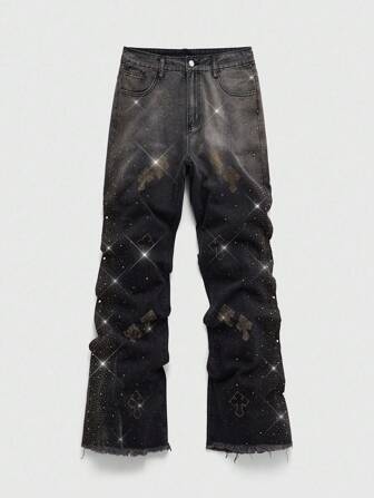 ROMWE MEN Street Life Jeans de mode de rue pour hommes, lavés, avec poches obliques ornées de strass, style grunge