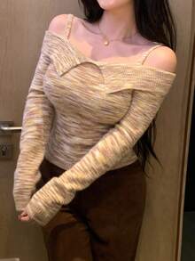 DAZY Women's Tie-Dye Tie Dye Off Shoulder Knit Sweater, Autumn/Winter - Yellow - View 8