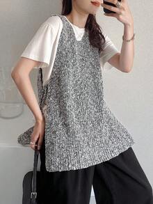 FRIFUL 女士圆领无袖宽松休闲百搭针织背心，灰色，适合外出，女士秋季