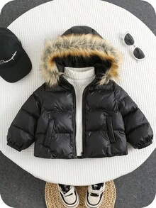 SHEIN 男女通用婴儿幼儿可爱休闲保暖内衬黑色连帽夹克滑雪外套，婴儿冬装 - 彩色 - 查看 5