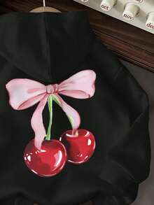 SHEIN Leap Crew Áo nỉ dài tay dày có mũ trùm đầu họa tiết quả anh đào và nơ hồng cổ điển dành cho bé gái tuổi mới lớn, phù hợp cho mùa thu/đông - màu đen - Xem 4