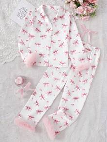 2pcs Girls Cute Bowknot Floral Print Soft Flannel Cardigan Long Sleeve Pants Pajama Set Fall Winter - Multicolor - View 3