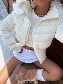 Muchica 女士休闲修身连帽厚夹克，冬季百搭 - 白色 - 查看 4