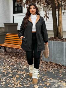 SHEIN EZwear Veste décontractée à capuche à fermeture éclair pour femmes grande taille, manches longues, automne/hiver. Vêtements pour femmes élégants, noirs, à manches longues, avec ceinture, capuche, pour le travail, les rendez-vous, les sorties, les fêtes, les invités de mariage, chic, doublure thermique, Noël - Noir - Voir 3