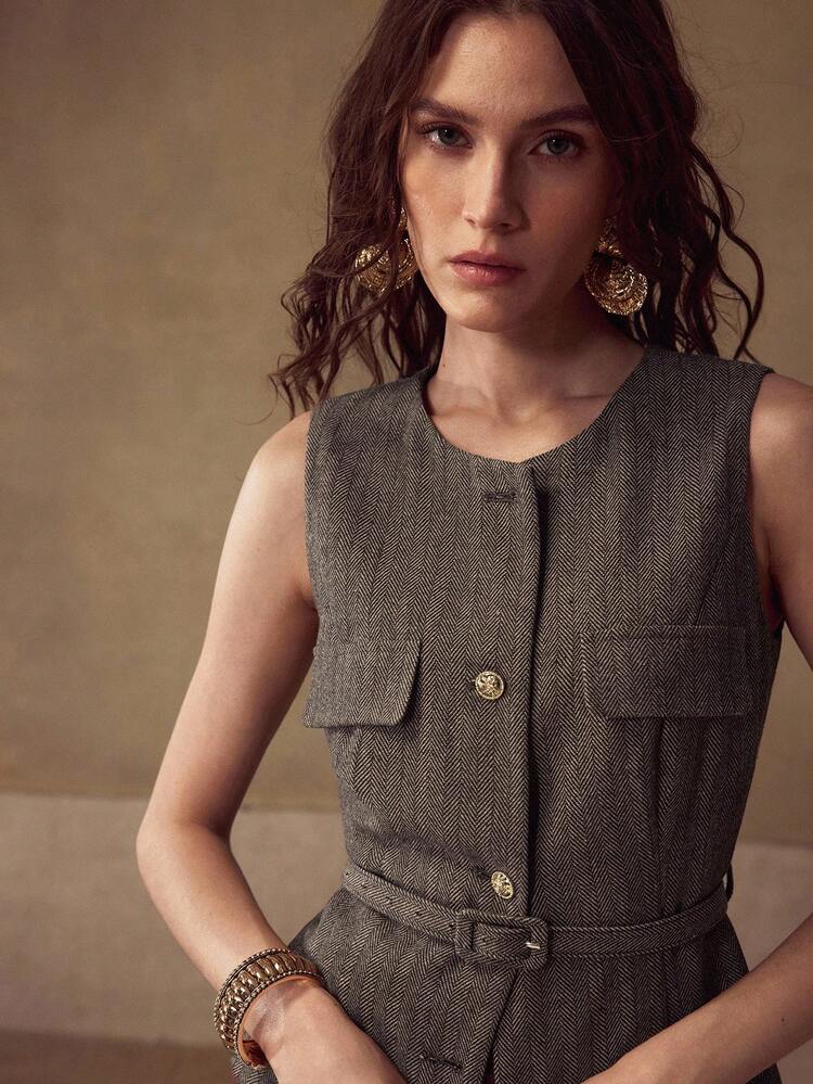 ヘリンボーン柄 エレガントゴールドボタン装飾ウエストベルトジャケット