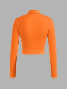 Slaydiva Casual Basic Zip Collar V-Neck Long Sleeve Tight Fit Stretchy Jacket Top For Women, Autumn/Winter,Fall - Orange - View 3