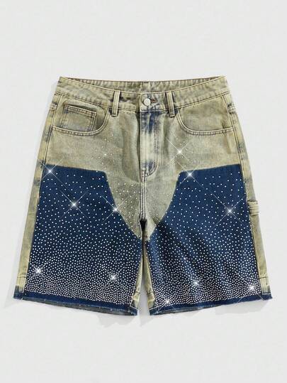 Street Life Men's Summer Fashion Street Patchwork Print Rhinestone Embellished Denim Shorts