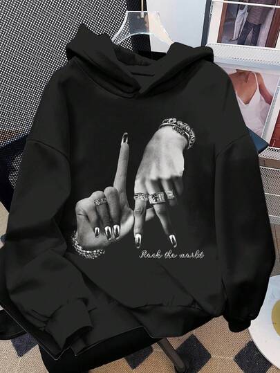 Street Hand Gesture Print, Bm, Retro Sweet American, Campus Vibe, Internet Hottie, Citywalk, Street Atmosphere, Casual Campus Sports Style, Teen Girls Loose Fit Thick Hoodie Sweatshirt, Suitable For Autumn/Winter Fall