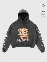 ROMWE MEN Betty Boop | ROMWE Men's Cartoon Figure And Letter Graphic Washed Hooded Sweatshirt, Loose Cropped Fit, Long Sleeve Top