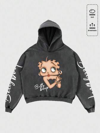 Betty Boop | ROMWE Men's Cartoon Figure Graphic Hoodie, Loose Cropped Fit, Fall