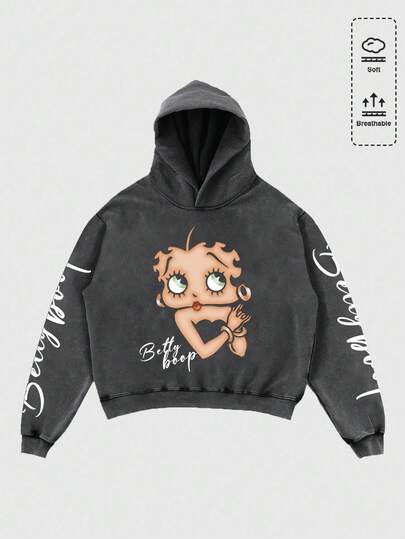 Betty Boop | ROMWE بلوزة هودي مغسولة مع رسوم كرتونية وطباعة حرفية للرجال، قصيرة وفضفاضة