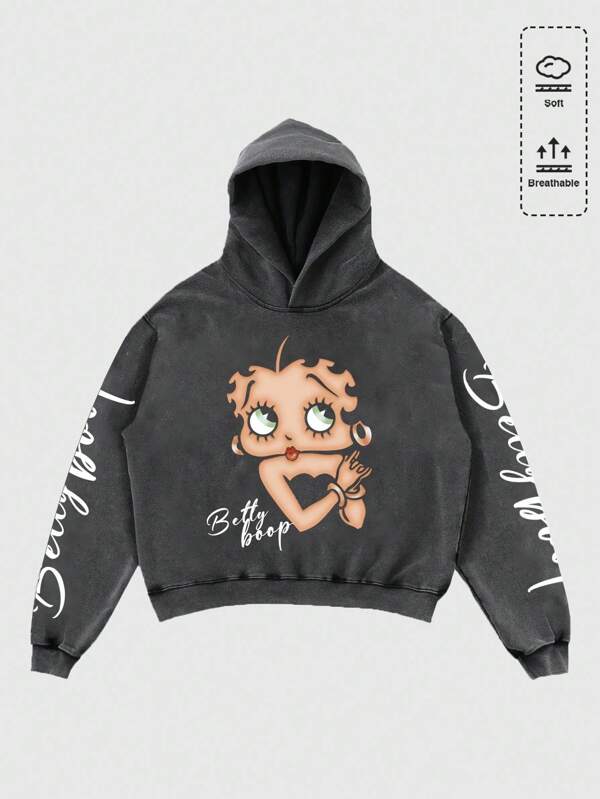 ROMWE MEN Betty Boop | ROMWE メンズ カートゥーンフィギュアとレタープリント ウォッシュ加工フーデッドスウェットシャツ、ルーズクロップドフィット、長袖トップス