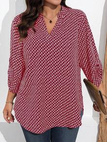 SHEIN Plus Size Casual Commuter All-Over Print Notch Collar Shirt - Burgundy - View 3