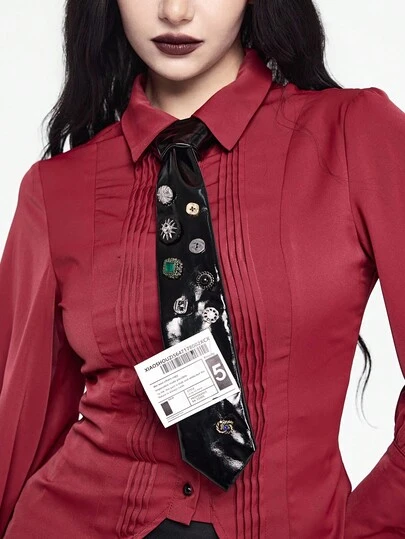 ROMWE Grunge Punk 1pc Black Punk Style Geometric Line Button Minimalist Letter Decor Men Necktie, Streetwear Unisex Neck Accessory, Suitable For Daily Wear, Music Festival And More