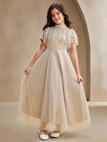 SHEIN Tween Girls' Elegant Floral Print Collared Short Sleeve Dress - Apricot - View 4