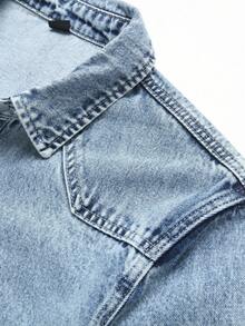 Manfinity Hypemode 男士休闲街头风格贴袋蓝色牛仔衬衫，秋季 - 淺色水洗藍 - 查看 5