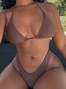 Alexandranx Bãi biển mùa hè Màu trơn đơn giản dành cho nữ Bộ đồ bơi & quần bơi dưới Bộ đồ tắm - Cà phê nâu - Xem 3