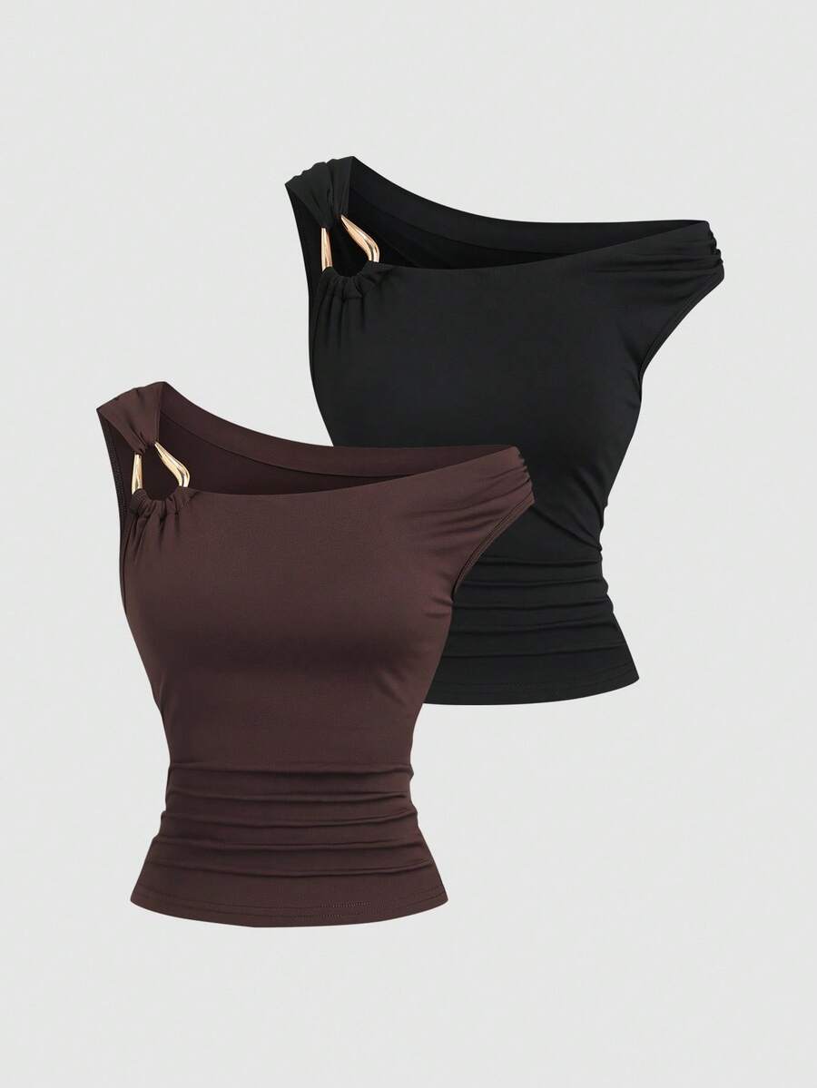 Sweetra 2pcs/Set Asymmetric Collar Fitted T-Shirt, Versatile Casual Top, Spring/Summer