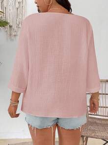 EMERY ROSE Camisa casual holgada de unicolor de manga 3/4 para mujer de talla grande - Rosa - Ver 2