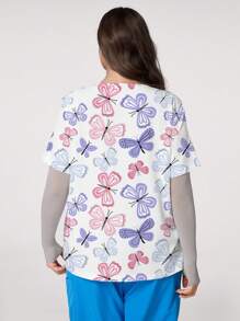 PopScrub Plus Size Butterfly Print V-Neck Short Sleeve Uniform Top - Multicolor - View 2