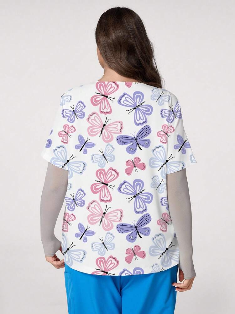 PopScrub Plus Size Butterfly Print V-Neck Short Sleeve Uniform Top - Multicolor - View 2