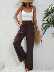 SHEIN Tall Women's Khaki Casual Vacation Style Elastic Waist Drawstring Straight Leg Pants Fall Cloth For Women - Coffee Brown - View 4