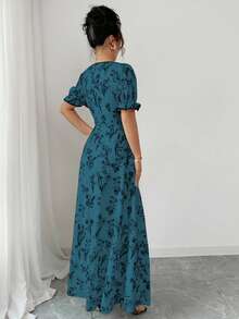 Elenzga 女式复古优雅花卉印花方领 A 字长裙，适合休闲、度假、日常聚会、春夏季 - 藍色 - 查看 2