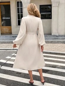 SHEIN Frenchy Damen Einfarbiges V-Ausschnitt elegantes Langarm Midi-Kleid