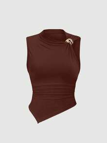 SHEIN Unity Women's Summer Fitted Ruched Top, Asymmetric Hem, Suitable For Summer - Multicolor - View 4