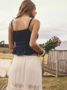 Aralina 女士休闲秋冬牛仔荷叶边露脐上衣，非常适合教师节、乡村音乐会和万圣节等场合 - 深色水洗藍 - 查看 2