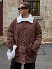 Livesso Casaco parka grosso casual com gola e bolsos, manga comprida, patchwork, acolchoado, para mulheres, outono/inverno