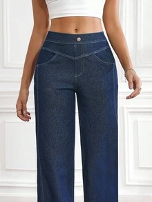 SHEIN Tall Quần jean denim nữ kiểu dáng thường ngày, có túi và cúc - màu đen - Xem 8
