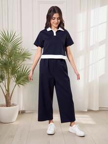 SHEIN 2 件套青少年女孩撞色短领 T 恤和裤子套装 - 藏蓝色 - 查看 10