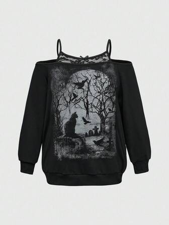 Goth Sudadera holgada de estilo gótico con estampado de cuervo y árbol muerto en el bosque oscuro, con encaje en contraste y hombros descubiertos, para talla grande, Halloween