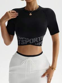 Easithlete 撞色网眼插肩袖运动T恤健身背心健身房女式衬衫 - 黑色 - 查看 4