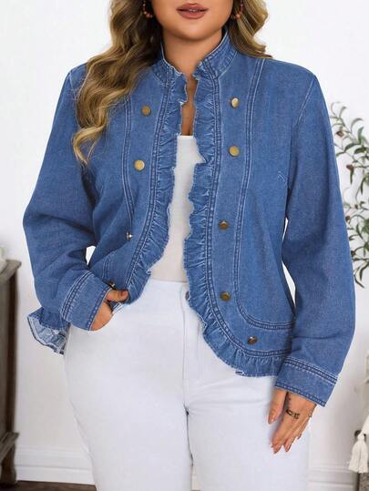 SHEIN Plus Size Women's Solid Color Washed Denim Jacket, Autumn/Winter