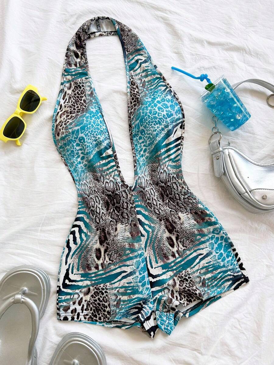 Soleia 女士度假豹纹和斑马纹针织牛奶丝弹力面料深 V 吊带露背性感紧身衣，时尚修身连体衣，适合派对、约会、下午茶、波西米亚风度假、海滩、夏季 - 彩色 - 查看 1