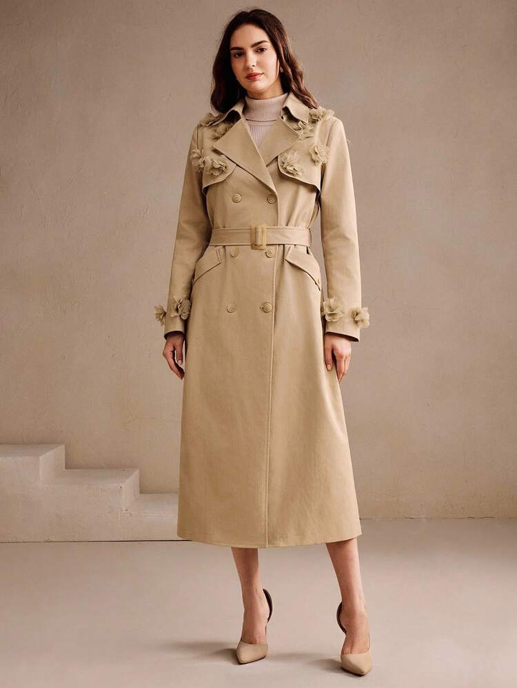 Women's Elegant Autumn/Winter Long Casual Khaki High-End Floral Handmade Flower Double-Breasted Cinched Waist Waist Trench Coat, Suitable For Fall, Winter, Going Out, Elegant, Formal, Party, Chic