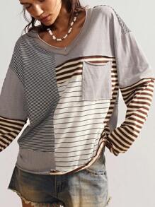 Bohemela Boho Women's Vintage Casual Knit Striped Patchwork Round Neck Long Sleeve Loose T-Shirt, Vintage Western Country Style Concert Vacation, Going Out, Back To School, Suitable For Autumn/Winter,Fall