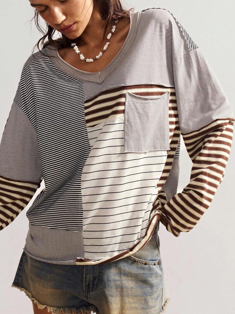 Bohemela Boho Women's Vintage Casual Knit Striped Patchwork Round Neck Long Sleeve Loose T-Shirt, Vintage Western Country Style Concert Vacation, Going Out, Back To School, Suitable For Autumn/Winter,Fall