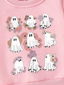 Halloween Cosplay Baby Girl Casual Fashionable Creative Grid Ghost & Flower Print Basic Crew Neck Sweatshirt, Fall Clothes Winter - Pink - View 7