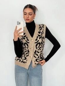 SHEIN Tall Damen Herbst/Winter Einreihige V-Ausschnitt Leoparden Muster Pullunder, Pullunder für Frauen im Herbst, Damen Winter Pullover, Ausgeh Oberteile, Leoparden Muster, Braun, Lässig und Einfach. Ausgehen, Zuhause, Lässig, Elegant, Pendeln, Vielseitig, Hochwertige Aufwertung, Personalisiert, Geeignet für Partys, Pendeln zur Arbeit, Kundentreffen und viele andere Anlässe, Old Money Stil, Boss Feeling, Gangsterfrau Stil, Leoparden Muster Top, Gepard Muster Top - Schwarz - Übersicht 6