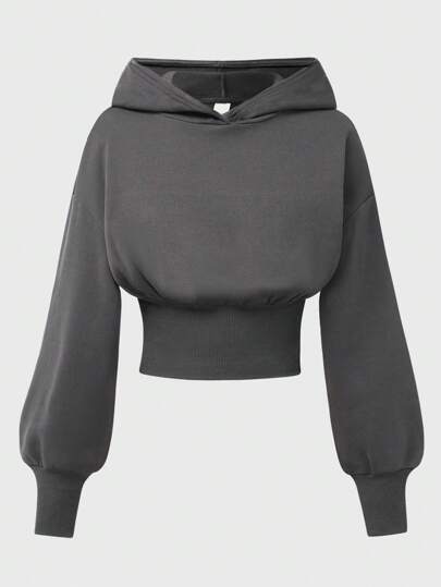 SHEIN Girlism Tween Girl Casual Streetwear Dark Grey Hoodie Crop Top, High Waist Long Sleeve Versatile Minimalist Solid Color Pullover Sweatshirt, Back To School Cropped Gray Hoodie,In Fall/Winter